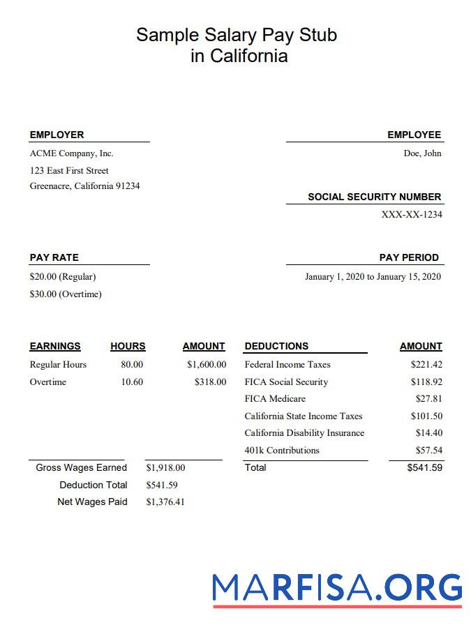 Printable California salary pay stub example